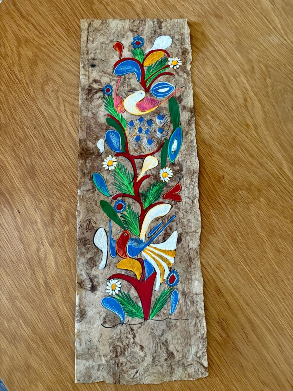 Hand-Painted Mexican Folk Art Bird Panel on Bark in Red, Blue, Green, Yellow
